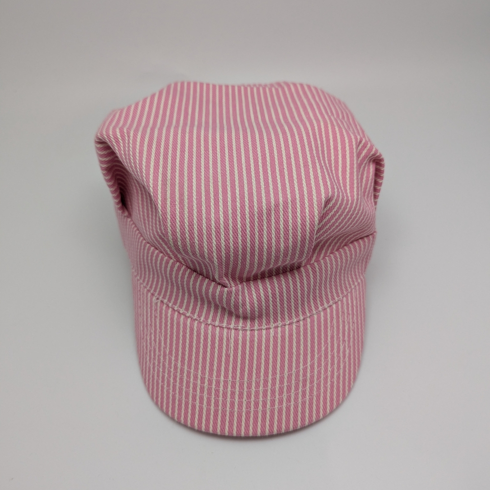 Pink and White Striped Girls Train Conductor Hat, Adjustable Back